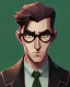 Placeholder: Fit man in round glasses, wavy hair, stubble, slim, tie, monotone, green eyes, comic book style, two tone colours, detailed, ink, realistic, handsome, square jaw, big brows, no jacket, bird on the shoulder, spotlight