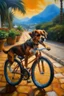 Placeholder: oil painting with a dog biking with a pizza hawaii