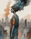 Placeholder: acrylic and watercolor and line tint painting of a sad young woman standing in front of a city entirely made of smoke, (((front view))), bronze - skinned, geometric curves, featured art, philosophical splashes of colors, art brought to life, soul shock
