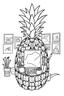 Placeholder: Pineapple Cozy Art Studio Coloring Page: A pineapple cross-section displaying an art studio. Features an easel, paint palettes, brushes, and artworks hung on the walls.