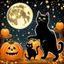 Placeholder: black cat on Halloween dancing with pumpkins in the photo of the starry sky