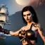 Placeholder: realistic, young model with dagger, short black hair flowing. holding a sword. black tatoo on arm. dressed a steampunk pirate, bra with carved leather. Salvador dalì style. Ships in background with high details. 4k, unreal engine. A owl is landing in background.