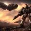 Placeholder: Armored Core fly in the sky in the desert with beside the ocean where you can see the space in the sky with twilight on the horizon, 4k resolution