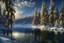 Placeholder: lake, ice, winter, it's snowing, mighty firs and pines, high detail, complex details, high resolution, clear quality, beautiful lighting, spectacular lighting, deep shadows, warm light, Dmitry Vishnevsky, Elegant, 8k, oil on canvas, Super detailed, 4K 3D, Clear quality, colorful, very cute