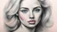 Placeholder: the artist's hand draws a portrait of a blonde woman, charcoal, pencil, pink lips, blue eyes, fine drawing, hand with a brush