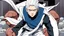 Placeholder: Satoru Gojo is a young tough guy white hair blue eyes black turtleneck without arms white loose pants in a defensive pose