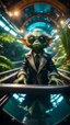 Placeholder: fish-eye photo of furry hairy pimp rocker priest alien gremlin on boat bridge over water slide in dark lit reflective wet jungle metallic hall dome hotel tunnel, in the style of fallout 4 game,bokeh like f/0.8, tilt-shift lens 8k, high detail, smooth render, down-light, unreal engine, prize winning