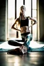 Placeholder: photograph of skinny caucasian woman, satin yoga pants, fashion photography, shavasana, bright daylight, sweaty skin, concrete, 80 mm lens, dof, raw