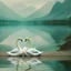 Placeholder: two swans in a romantic lake, dark green and warm yellow color, fantasy atmosphere, photo quality