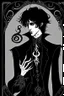 Placeholder: black haired young man necromancer wizard with gothic jewelry and tentacle fingers in the style of Aubrey Beardsley