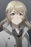 Placeholder: dark blond anime girl with grey eyes wearing a white jacket