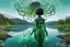 Placeholder: Depict an image of a thin, Hispanic woman featuring a black bob hairstyle, garbed in a uniquely designed android suit coloured green and silver. She gazes at a peculiar sight - dandelion heads that possess octopus-like tentacles, floating in the air. In the backdrop, there unfolds an extra-terrestrial panorama of a glass-like lake encircled by tall, slim cloud-like trees that seem mostly alien in their existence.