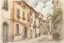 Placeholder: 在欧洲城市的街道上，有着罗马式风格的房屋，周围是广场和树木，天空中飘着云，是冬天的景象。画面呈现出水彩般的色彩，使用笔和黑墨水勾勒出精致的细节，同时也有着书法般的线条。”