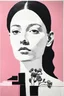 Placeholder: maria Lassing -Euan Uglow black & white face drawing, high contrast facial planes, strong shadows, mixed media. pink collage painting acrylic, oil, landscape background, table, mixed media, 3/4 portrait, woman, neon flowers sprouting from exposed breast, botanical elements