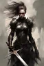 Placeholder: A formidable warrior girl in black armor defends herself with a shiny sword, a fabulous scary hero, juicy emotions, painting, gloomy fantasy, gloomy day, dark world,, without a background, oil and graphite, wide strokes, a weaving frame around, by Ryohei Hase, Agnes Cecile, Raymond Swanland, Anne Bachelier