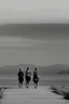 Placeholder: a group of woman walking along a path that winds towards the top of a mountain, it is summer, the sea in the background photography taken with a Leica camera and 50mm lens, real photography in black and white, nostalgia