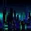 Placeholder: Digital painting of a minimalist and digital city with a dark background, colors are black, light blue and light green, and purple.