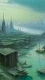 Placeholder: A grayish mint colored ancient African cyberized city made out of steel painted by Birge Harrison