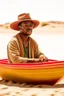 Placeholder: African man wearing hat and sunglasses, rowing small boat in desert sand at a distance