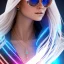 Placeholder: A beautiful portrait of a cute smiling cyberpunk woman, long blond haire, high key lighting, volumetric light high details with white stripes and feathers and blue celtic paterns and cyberpunk glasses