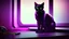 Placeholder: Cute black cat sitting on a gaming chair, in front of a gaming PC table, in a dark room with purple lights and gaming posters, atmospheric, gorgeous, realistic