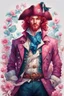 Placeholder: kind sailor, man, red slightly curly hair, long jacket, pink-azure clothes, pink-azure cocked hat in cold colors, white floral pattern on jacket, flower in hair, pirate