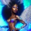 Placeholder: full body shot, masterpiece, best quality, black skinned, sparkling eyes, long hair, gorgeous African Fairy queen,wings,fluorescent skin,light blue makeup,synthwave, light indigo, trasparent , irridescent, highly detailed body, sun light, 4K, RAW, depth of field, high contrast, realistic details, 24mm vaporwave aesthetic, synthwave, artstation, concept art, smooth, extremely sharp detail, finely tuned detail, ultra high definition, 8 k, unreal engine 5, ultra sharp focus