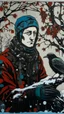 Placeholder: A contemporary serigraphy portrait by Matisse and Kunisada of a human-like raven dressed with a punk leather jacket within a snowy Christmas atmosphere.