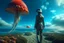 Placeholder: woman in a form-fitting suit, standing on a beach of an alien world, watching mushrooms with jellyfish tentacles in the sky, photorealistic, Detailed Matte Painting, Deep Colour, Fantastical, Intricate Detail, sunshine