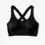 Placeholder: Folded Cross-back sport bra, top view, flat lay, realistic, active wear, black smooth material, round neck, cross-back with four spaghetti straps,