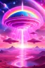 Placeholder: vaisseau interdimensionnel de couleur rose, grands rayonnements, dans un cosmos rose et jeu très étoilé d'or, 8K,ufo rainbow