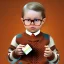 Placeholder: Peter billingsley chubby kid Tortoise-shell glasses, Holding a ((dark red soap bar)) in his hand, brown argyle sweater, red soap