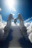 Placeholder: fluffy clouds, portrait of winged seal soaring like an angel through the clouds with a blessed smile, staircase with closed gates of heaven, 4 k, down light, depth of field, trending art, high detail