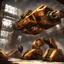 Placeholder: industrial scene with Grineer aesthetics, featuring rugged metallic structures, harsh lighting, and gritty textures. Incorporate Grineer symbols and color schemes, emphasizing the militaristic and mechanical aspects of their design. Include elements like heavy machinery, militarized drones, and distinctive Grineer architecture to capture the essence of the Grineer faction in Warframe.