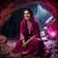 Placeholder: Hyper Realistic Photographic Outside View Of A Gorgeous Pashto Girl (Wearing Simple Burgundy Colored Dress With White Embroidery & Wearing Pink Dupatta On Her Neck) Happily Sitting & Smiling Boldy In A Cave With Glowing Big Crystals, With Heavy Rain Outside Cave At Dark Night Showing Dramatic & Cinematic Ambiance.