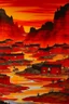 Placeholder: A red Japanese village in a fiery badlands designed in Lascaux cave paintings painted by John Brack