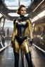 Placeholder: Ultra realistic photographic portrait of Natalie Portman wearing a Star Trek metalic gold uniform and black boots. She has shortish hair and ample bosoms. She stands in front of her station on the Bridge.