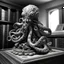 Placeholder: a statuette of a tentacled absurd pig cult greyscale found in an old library