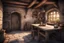 Placeholder: fantasy medieval kitchen with a table and an open door