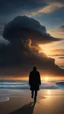 Placeholder: A lone figure walking along a vast, empty beach at sunset, a big creature face appeared in a mysterious cloud ,their silhouette stark against the hyperrealistic sky reminiscent of the work of Halim Ghodbane, with crashing waves rendered in the detail of Jason De Graaf. (combines Halim Ghodbane & Jason De Graaf)
