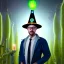 Placeholder: portrait of optimist scientist in lab coat, metal road cone plasma mad hat ,cell towers overgrown with plants, autmn, mist,sparks flying, spotlights, spray paint art, book , 4k, high detail