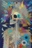 Placeholder: Painting entitled "If you had another hole in your head, your brain would fall out"; neo-surreal skeleton wearing a designer coat of many colors made from mixed media such as feathers, foliage, flowers, gemstones, and shiny sequins that reflect the sun; quilling, award-winning, masterpiece, portfolio piece, fantastical, Intricate, provacative, Hyper-detailed, Holographic, Magnificent, Meticulous, Mysterious