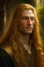 Placeholder: A young serene Lord Of The Rings like man with long golden hair that cascades gracefully. His open eyes, with blind pupils, reflect a depth of wisdom and inner peace. A gentle smile graces his face, adding warmth to his tranquil demeanor.