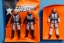 Placeholder: Mike pence G.i. Joe toy doll Space force uniform inside a blister packaging hanging on a Wallrack in toystore, fluorescent orange, toy guns, wide angle shot whole body, black moonboots, fullsize, bright green pricetag,