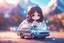 Placeholder: cute chibi anime sensual brunette girl next to a chibi car, holographic, transparent sparkling crystal mountains in sunshine, ethereal, cinematic postprocessing, bokeh, dof