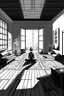 Placeholder: Meditation space inside, interior, manga style, black and white, Japanese culture