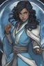 Placeholder: Drawing of Korra the Avatar as a female Moonelf twilight cleric with black, very curly, very short hair and blue eyes, wearing gray robes. Etheral, muscular.