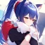 Placeholder: Clear Focus, High resolution, wearing a maid uniform, fluffy hair and a long ponytail, blue hair, cat ears, meowing, hugging another girl with red long fluffy hair also wearing a maid outfit, looking at you