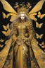 Placeholder: style of Yoshitaka Amano ~ Butterfly Empress, long huge flowing gold hair, yellow eyes. dressed in a cosmic gold plated Armor made of gold butterflies. standing in a room made of butterflies. surrealist. Shades of luminous black and yellow piercing shadow, reminiscent of Beuys and Qian Xuan.