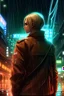 Placeholder: erwin from attack on titan, in tokyo rainy night with neon lights from her back point of view